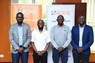 (L-R): Peter Muhumuza; Chief Technical Officer at Roke Telkom, Jesse Ntale; Brand and Marketing Manager at Roke Telkom pose for a photo with other Roke Telkom staff members after launching their Fibre to the Home (FTTH) and Fibre to the Enterprise (FTTE) services campaign.