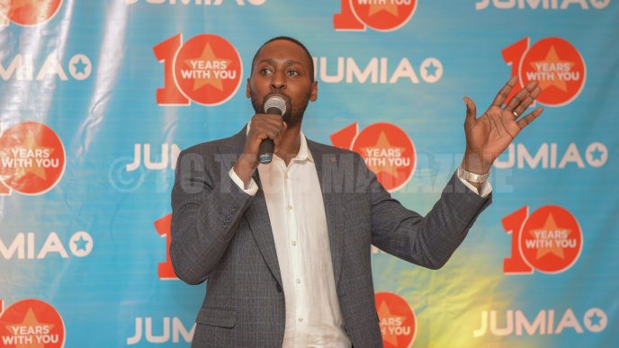 Jumia Uganda CEO, Ron Kawarama addressing the press at their 10th-year anniversary celebrations held at their new head offices at Union House in Bugolobi, Kampala. (PHOTO: PC Tech Magazine)