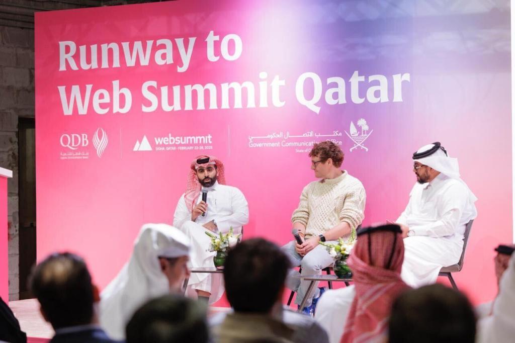 (L-R): Abdulrahman Hesham Al-Sowaidi; CEO of Qatar Development Bank, Paddy Cosgrave; Web Summit Founder and CEO, and Hamad Al-Amari; Qatari comedian and entrepreneur in a panel session at the Runway to Web Summit Qatar in Doha on Monday, December 2, 2024. Courtesy Photo.