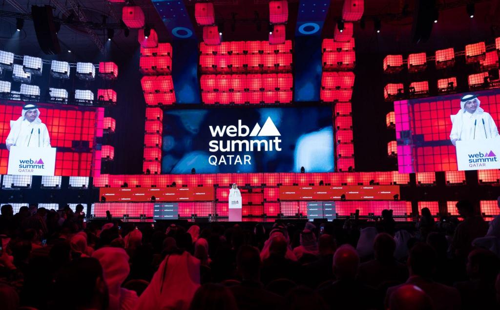 Sheikh Mohammed bin Abdulrahman bin Jassim Al Than, Prime Minister and Minister of Foreign Affairs in Qatar, speaking the first day opening of the Web Summit Qatar on Feb. 26th at the Doha Exhibition & Convention Center. COURTESY PHOTO