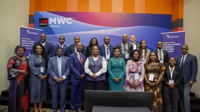 Hon. Paula Ingabire (5th from right - front row) poses for a group photo with AfricaNenda, UN ECA, and the World Bank officials aftet the launch of the State of Instant and Inclusive Payment Systems (SIIPS) Africa report at the GSMA MWC in Kigali, Rwanda.