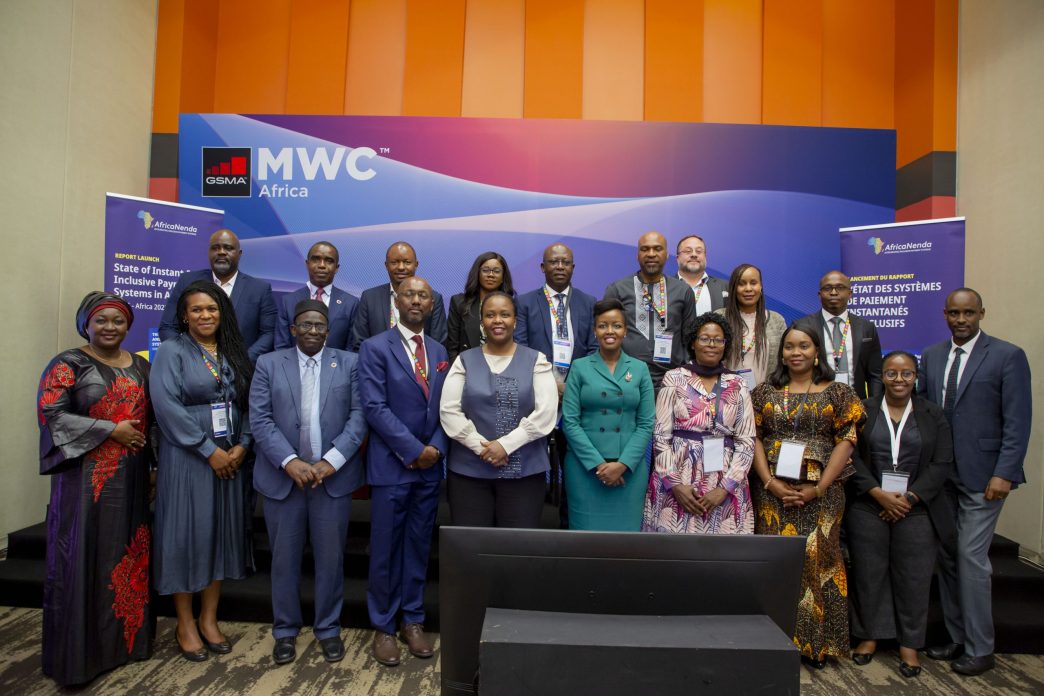 Hon. Paula Ingabire (5th from right - front row) poses for a group photo with AfricaNenda, UN ECA, and the World Bank officials aftet the launch of the State of Instant and Inclusive Payment Systems (SIIPS) Africa report at the GSMA MWC in Kigali, Rwanda.