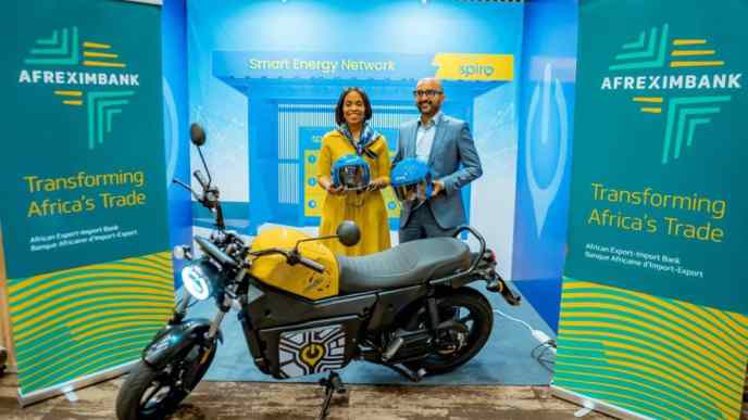 Spiro’s CEO; Kaushik Burman (right) and Kanayo Awani (left) Executive VP of Intra-African Trade and Export Development Bank at Afreximbank pose for a photo after signing a deal that will see Spiro boost sustainable transportation in Africa. The signing was held during the Africa CEO Forum in Kigali, Rwanda. COURTESY PHOTO