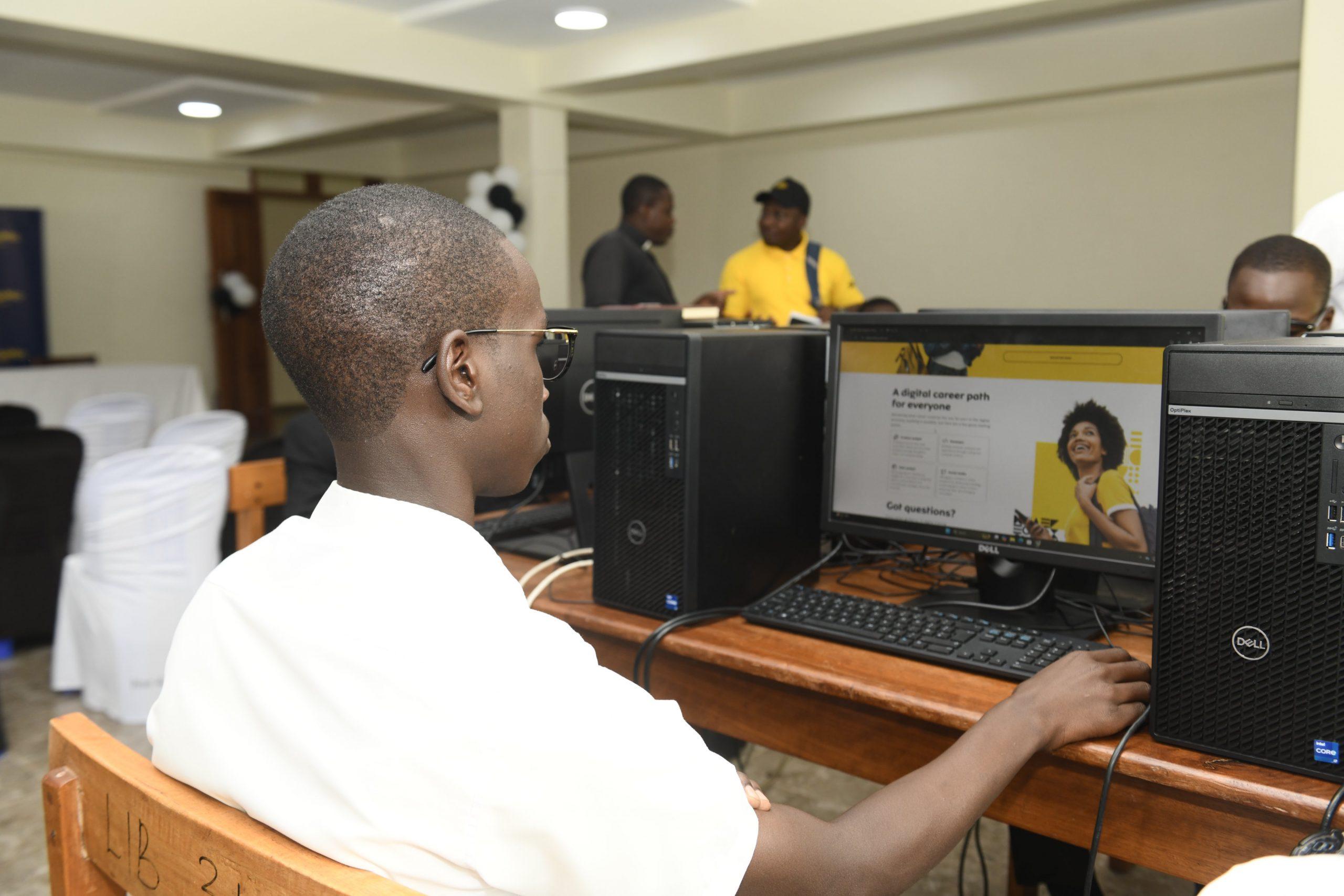 A student of St. Joseph's Seminary Nyenga pictured using one of the computers in the school's newly built computer lab by MTN Foundation. Courtesy Photo