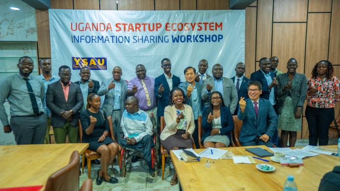 Partners pose for a group photo after a ground-breaking a Uganda Startup Ecosystem Information Sharing Workshop. COURTESY PHOTO / Hive Colab