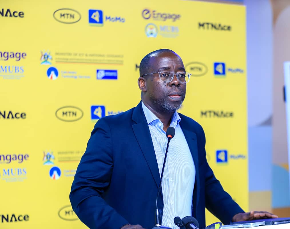 Stephen Mutana, the Chief Strategy and Stakeholder Officer at MTN Mobile Money (U) Limited speaking at the launch of the second cohort of the MTN ACE Program. Courtesy Photo/MTN Uganda