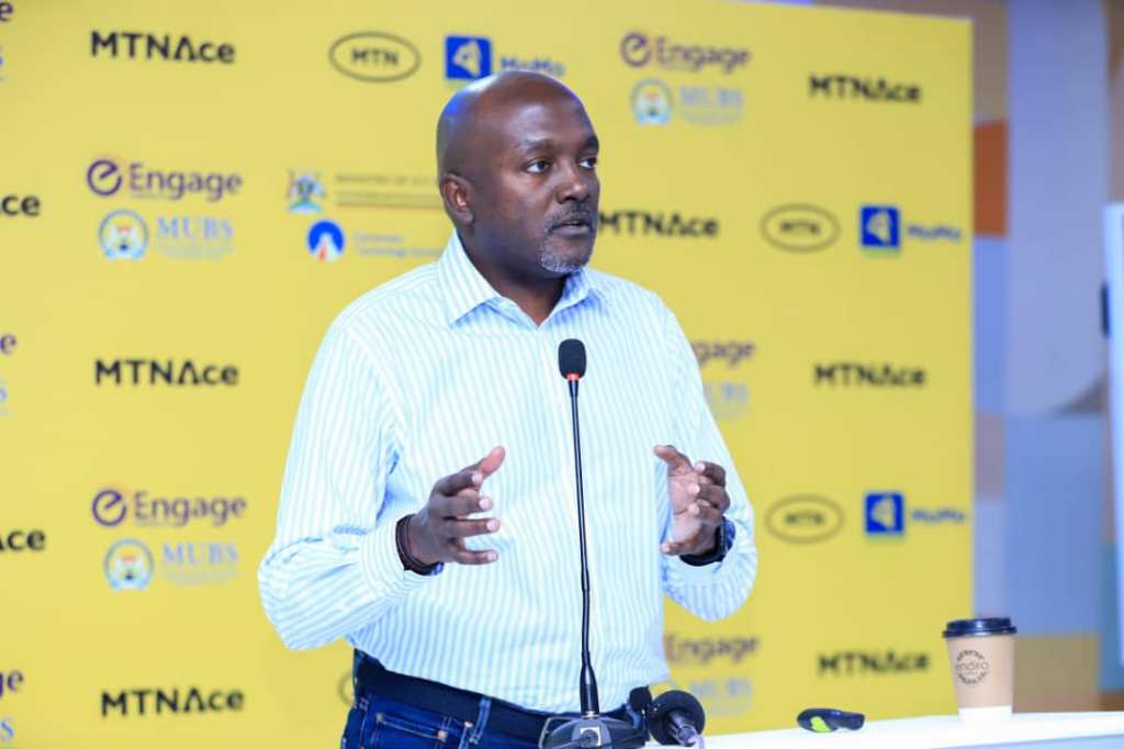 Steven Kirenga, the General Manager of Product & Business Development and Customer Experience at Centenary Technology Services speaking at the launch of the second cohort of the MTN ACE Program. Courtesy Photo/MTN Uganda