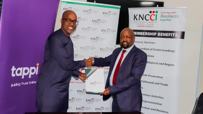 Kenfield Griffith (left); Founder and CEO of tappi and Dr. James Mwaura (right); Chairman of KNCCI Nairobi County shake hands after signing an MoU that will enable tappi to deliver digital services to KNCCI’s business members. COURTESY PHOTO