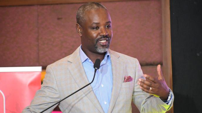 Deputy Speaker of Parliament, Rt. Hon. Thomas Tayebwa speaking at the first data analytics, artificial intelligence, and data governance symposium at the Kampala Sheraton Hotel. COURTESY PHOTO/ via Thomas Tayebwa on X