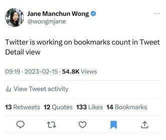 The Bookmarks are private and are only viewable to you within your Twitter account. IMAGE: Jane Manchun Wong/Twitter: @wongmjane