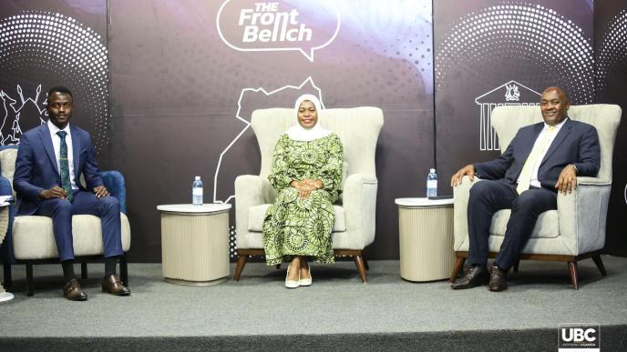 Joram Paul Ssonko (left), News anchor at UBC with Ps. Ministry of ICT and National Guidance; Dr. Aminah Zawedde (centre), and Minister of ICT and National Guidance; Dr. Hon. Chris Baryomunsi (right) on the first episode of the UBC Front Bench. PHOTO: UBC