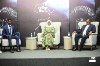 Joram Paul Ssonko (left), News anchor at UBC with Ps. Ministry of ICT and National Guidance; Dr. Aminah Zawedde (centre), and Minister of ICT and National Guidance; Dr. Hon. Chris Baryomunsi (right) on the first episode of the UBC Front Bench. PHOTO: UBC