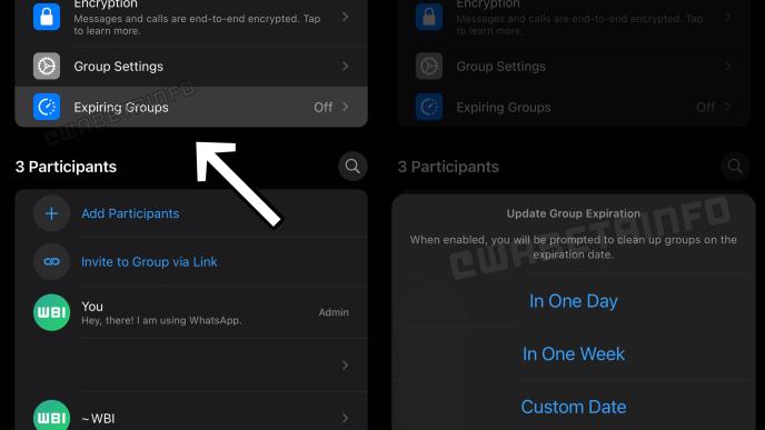 WhatsApp working on an Expiring Groups feature that will give users the ability to set an expiration date for their groups. (IMAGE: WABeta Info)