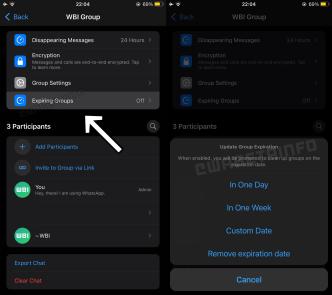 WhatsApp working on an Expiring Groups feature that will give users the ability to set an expiration date for their groups. (IMAGE: WABeta Info)