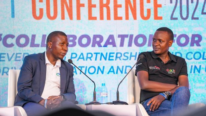 William Luyinda (left); CEO of Ezy Agric and Eng. Chrispius Oyancha (right); CEO of ClinciPesa discussing pathways to funding for fintech startups during a panel session at the 6th annual FITSPA conference. PHOTO: FITSPA