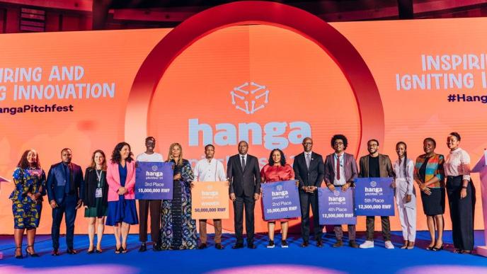 Winners of the 2024 Hanga Pitchfest competition pose for a group photo with Hon. Paula Ingabire (extreme right), Minister of ICT and Innovation, Rwanda, Prime Minister, Dr. Edouard Ngirente (8th from left), organizers and delegates. Courtesy Photo: Hanga Pitchfest