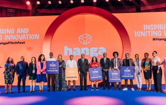 Winners of the 2024 Hanga Pitchfest competition pose for a group photo with Hon. Paula Ingabire (extreme right), Minister of ICT and Innovation, Rwanda, Prime Minister, Dr. Edouard Ngirente (8th from left), organizers and delegates. Courtesy Photo: Hanga Pitchfest