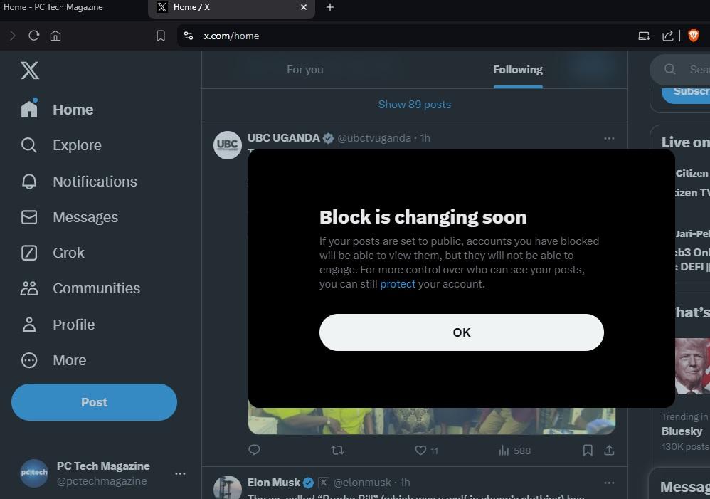 X is moving closer to removing the block functionality, allowing blocked users to view their victim's posts but not engage. SCREENSHOT: PC Tech Magazine