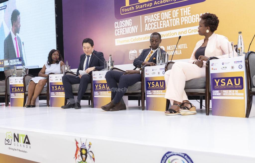 Panel session at the YSAU closing ceremony discussing "The Power of Collaboration" panelists (right to left); Rita Ngenzi; National Coordinator of YSAU, Joshua Akandwanaho; BPO/ITES Supervisor at NITA-Uganda, Daehee Lee; KOSME, and Barbara Mutabazi; Co-founder of Hive Colab. PHOTO: PC Tech Magazine