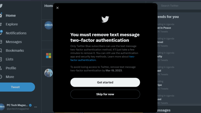 Twitter will start charging users for SMS two-factor authentication starting from March 20th. (SCREENSHOT/PC TECH MAGAZINE)