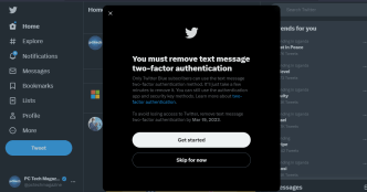 Twitter will start charging users for SMS two-factor authentication starting from March 20th. (SCREENSHOT/PC TECH MAGAZINE)