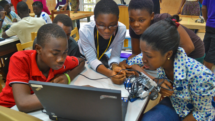 A group of students working with robotics at Ashesi University in Ghana. Courtesy Photo